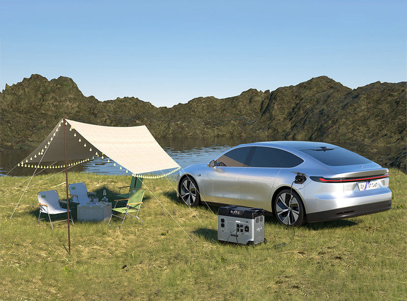 Portable power station charging electric car at lakeside campsite with tent and chairs